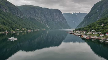 Et idyllisk og malerisk norsk fjord med noen båter og en liten landsby i bakgrunnen, som viser viktigheten av miljøbeskyttelse.