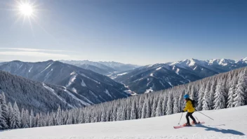 En person som driver med en vinterrelatert aktivitet, med snødekte fjell og trær i bakgrunnen.