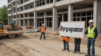 En byggeplass med et skilt som sier 'Byggepause' og arbeidere som tar en pause