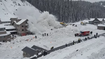 En snøskredkatastrofe med en stor snøskred som feier ned fjellsiden og ødelegger alt i sin vei