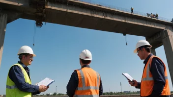 En gruppe ingeniører og arbeidere inspekterer en bro for å sikre dens sikkerhet og vedlikehold.