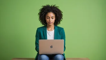 En person som jobber på en laptop med en grønn og blå bakgrunn, som representerer en bærekraftig og miljøvennlig tilnærming til bedriften.