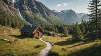 Et idyllisk norsk fjellandskap med en tradisjonell trehytte.