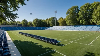 En stor utendørs idrettsarena med en gressbane og tribuner.