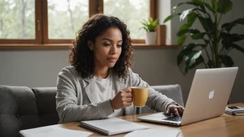 En person som arbeider selvstendig, med en laptop og en kopp kaffe, i et rolig og fredelig miljø.