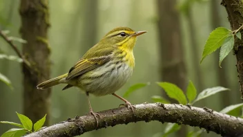 En skogssanger sitter på en gren i skogen og synger sin karakteristiske sang.