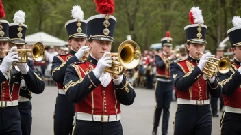 Et norsk marsjband som spiller i tradisjonelle uniformer, med en rekke messinginstrumenter.