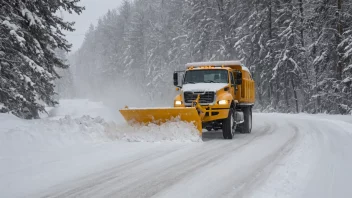 En snøplog rydder en snødekt vei i et vinterlandskap med snødekte trær og åser i bakgrunnen.