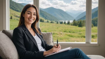 En livskvalitetscoach sitter på en sofa, ser glad og tilfreds ut, med et vakkert landskap i bakgrunnen