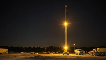 En høy, gul byggeplasslampe på en byggeplass.