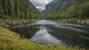 En person i vannstøvler står i en elv, fiskestang i hånden, omgitt av frodig vegetasjon og en rolig atmosfære