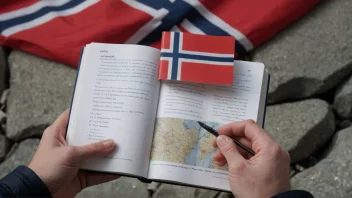 En person holder en guidebok med et norsk flagg i bakgrunnen, som symboliserer guidebokens formål med å hjelpe asylsøkere å navigere i det norske asylsystemet.