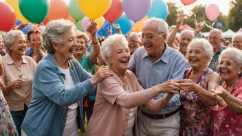 En gledefull scene med eldre mennesker som feirer på en seniorfestival