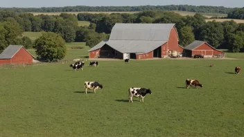 Et typisk norsk mjølkebruk med kuer som beiter i åkeren og en stor låve i bakgrunnen