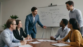 En gruppe mennesker som diskuterer strategi på en whiteboard.