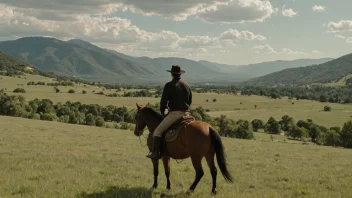 En person som rider en hest, med et naturskjønt landskap i bakgrunnen.