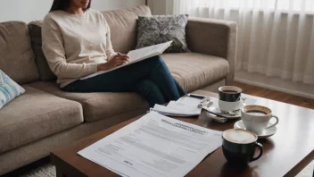 En person som sitter på en sofa med et kaffebord foran seg, med et forsikringsdokument på bordet.