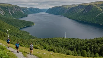 Et idyllisk landskap av en norsk fjord med en vindturbin, som symboliserer landets forpliktelse til fornybar energi og utendørspolitikk.