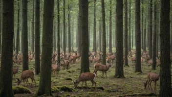 En skog med et stort antall hjort, som viser hvordan viltoverskudd påvirker miljøet.