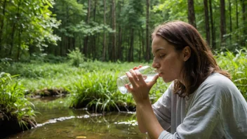 En person drikker vann fra en naturlig kilde, med en grønn skog i bakgrunnen.