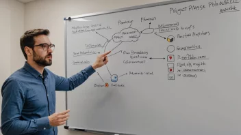 En prosjektleder foran en whiteboard med et diagram som viser de forskjellige fasene i et prosjekt.