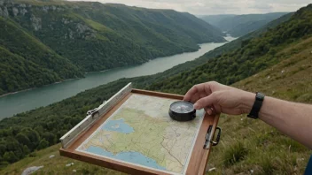 Et navigasjonsbrett med kart og kompass, brukt for å finne veien og navigere.