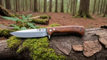 En bushcraftkniv på en trestubbe i en skog.