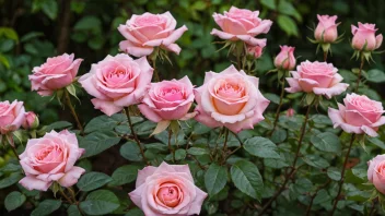 En rosenplante med rosa roser i en hage