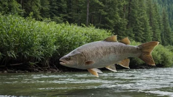 En stor fisk som svømmer i en elv omgitt av trær og fjell