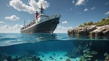 Et undervannsberg eller rev i havet, med et skip eller båt i bakgrunnen.