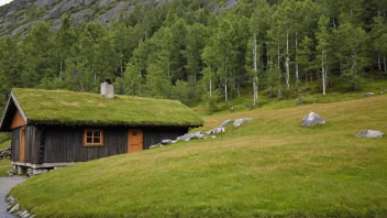 En tradisjonell norsk hytte med torvtak og et bunndrag under.