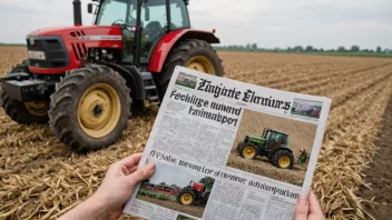 En person leser en publikasjon om jordbruk, med en traktor i bakgrunnen.