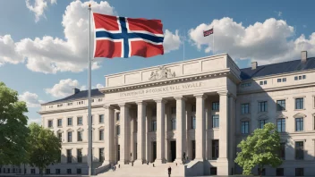 Et bilde av en regjeringsbygning med norsk flagg, som symboliserer den norske regjeringens innenriksforvaltning.