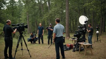 Et filmteam på lokasjon, filmer en scene i et vakkert utendørs miljø.