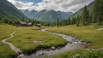 En fredelig scene av en norsk fjell dal med en vandre sti og en hytte