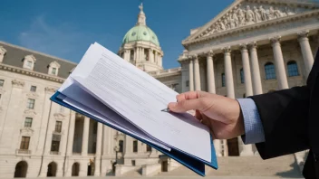 En person holder en mappe med dokumenter og en penn, med en bakgrunn av et rådhus eller en regjeringsbygning, som representerer en person som håndterer en søknad eller en sak.