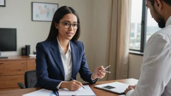 En bedriftsleder som sitter ved et skrivebord og mottar veiledning fra en markedsføringskonsulent som står ved siden av dem, med en whiteboard eller presentasjonsskjerm i bakgrunnen som viser markedsføringsstrategier.