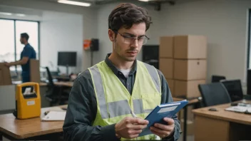 En person på arbeidsplassen som følger sikkerhetsprosedyrer.