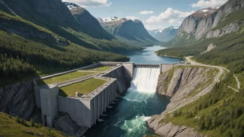 Et vannkraftverk i et norsk landskap, med vann som flyter fra fjellene til turbinene og genererer elektrisitet.