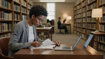 En person leser en bok med en laptop og papirer i nærheten, omgitt av et bibliotek eller kontor.