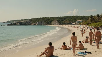 En naturskjønn nakenstrand med mennesker som solbader og svømmer i bakgrunnen.