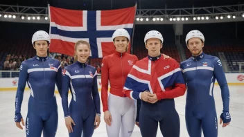 En gruppe mennesker i hurtigløpsdrakter, stående foran en hurtigløpsbane, med et norsk flagg i bakgrunnen.