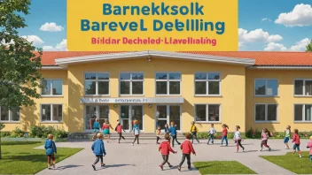 Et bilde av en skolebygning med en skilt som leser 'Barneskoleavdeling' på norsk, med barn som leker og lærer i bakgrunnen.