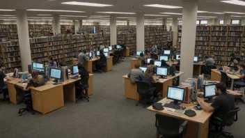 Et universitetsbibliotek med en moderne og innbydende atmosfære, hvor studenter kan studere og arbeide sammen.