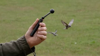 En person som holder en fuglekaller, med noen fugler som flyr i bakgrunnen