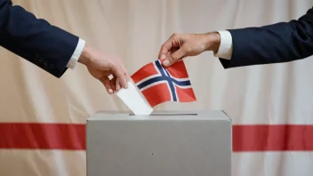 En person avgir stemme i et norsk valg, med en stemmeboks og et norsk flagg i bakgrunnen.