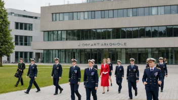 En sjøfartskolebygning med elever i uniform.