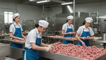 En bilde av en matfabrikk med arbeidere i uniformer og håret, med en stor skilt som leser 'Hygieneloven' i bakgrunnen.