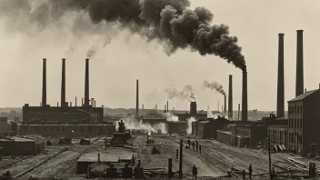 Et bilde som viser industrirevolusjonen, med en fabrikk eller industriell landskap og arbeidere i bakgrunnen.