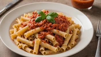 En tallerken med bred, flat pasta og en deilig saus